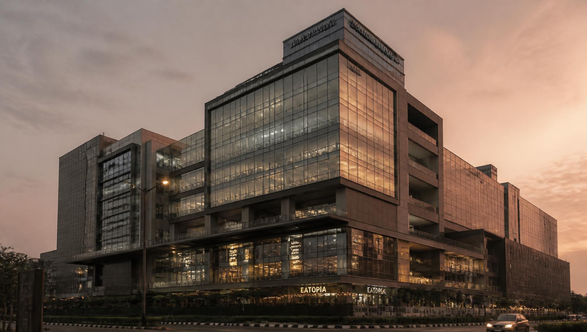 Glass-facade commercial office building in an Indian business district