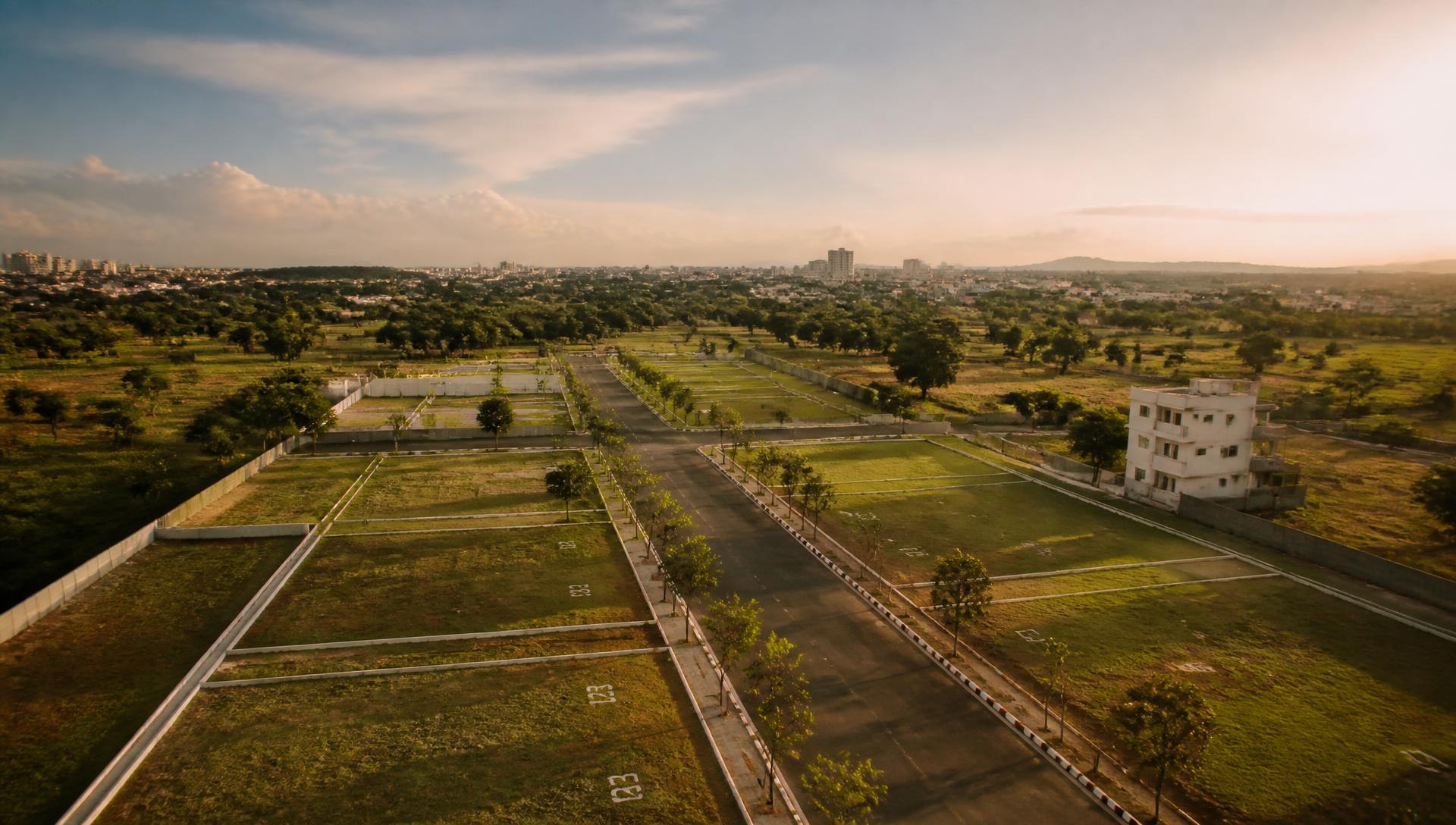 Aerial view of surveyed residential plots on the city outskirts