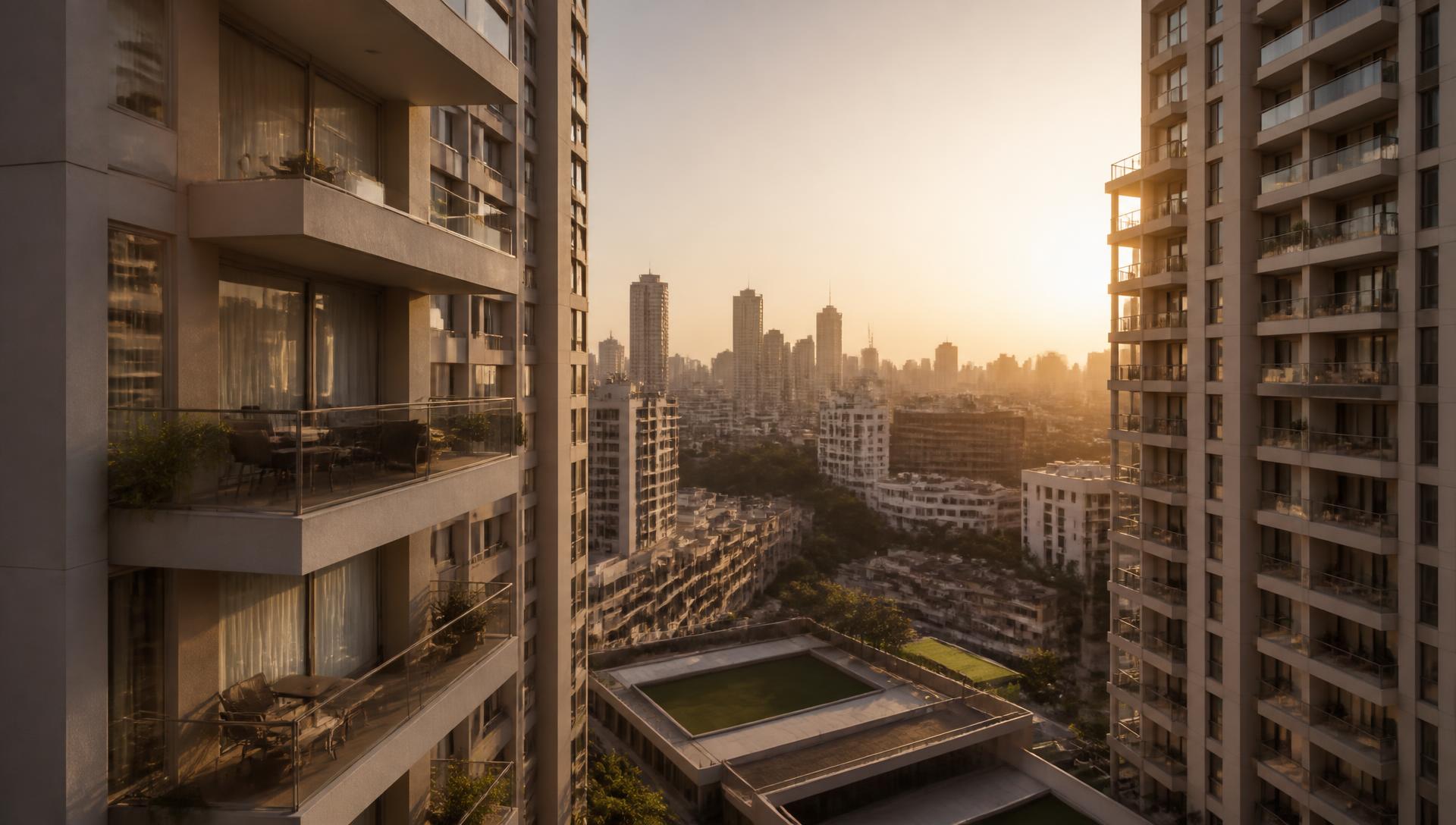 Modern Indian residential apartment towers at golden hour