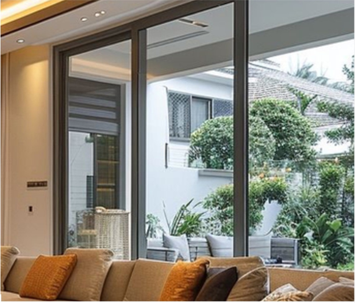 Living room opening onto a landscaped terrace through full-height sliding glass
