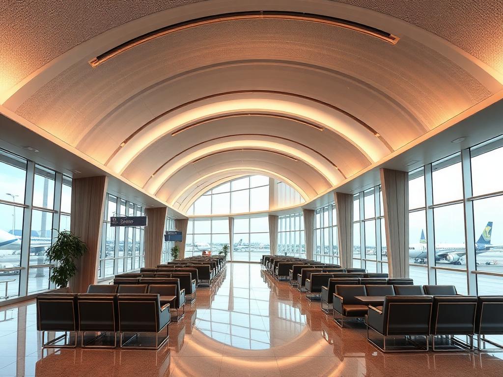 Airport lounge interior with ring lighting, bar seating and apron views