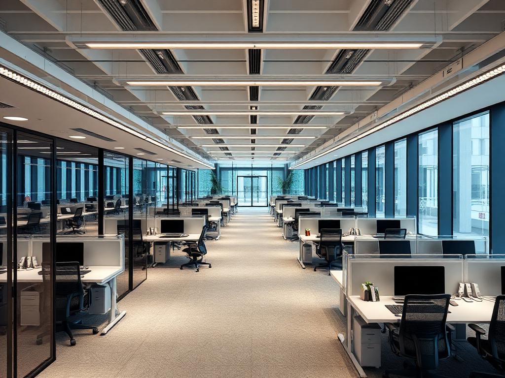 Corporate office floor with workstations, glazed cabins and linear lighting