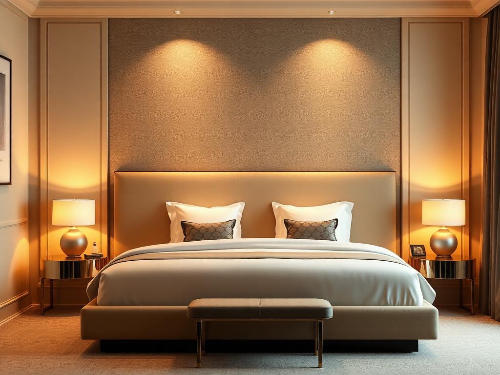Hotel guest room with upholstered headboard, cove lighting and bedside lamps