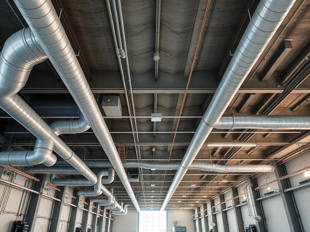 Exposed industrial ductwork and utility services above a ceiling grid
